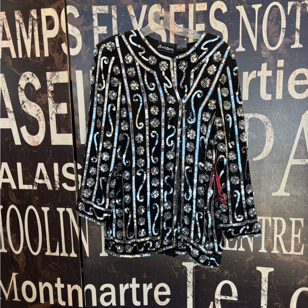 Elegant Black and White Embellished Button-Down Shirt